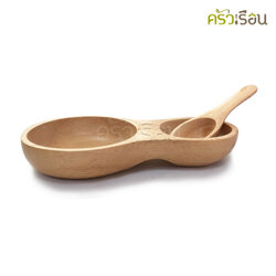 CMG ถ้วยน้ำจิ้ม ไม้ยาง 2 ช่อง + ช้อน [ ถ้วยน้ำจิ้มไม้ ]