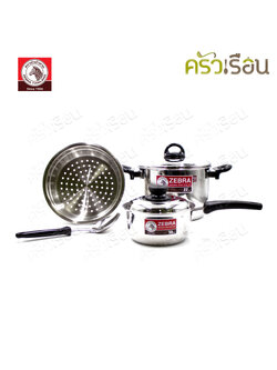 ZEBRA ชุดเครื่องครัว 6 ชิ้น ตราหัวม้าลาย 185443 หม้อหุงต้ม + ชั้นนึ่ง 22 ซม., หม้อด้าม 16 ซม. + ทัพพี 1 อัน