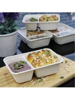 GRACZ กล่องข้าว 2 ช่อง พร้อมฝาพลาสติก T621 ขนาด 600 มล. 12 X 17.5 X 5 ซม. 25 ชุด ไบโอชานอ้อย