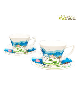 US แก้วกาแฟ + จานรอง เซรามิค รุ่นฮีโร่ 4 ชิ้น [ถ้วย 2 ใบ+จานรอง 2 ใบ]