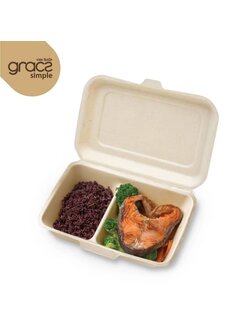 GRACZ กล่องอาหาร 2 ช่อง B002 ขนาด 1000 ml. 9 นิ้วแพ็ค 50 ใบ ไบโอชานอ้อย กล่องใสอาหาร ใส่ร้อนและเย็นได้