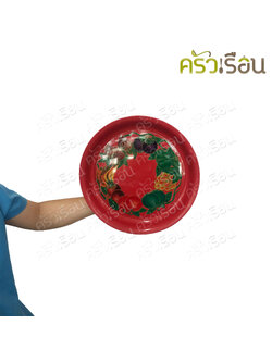 ตรารถไฟ ถาดกลม พลาสติก สีแดง ลายผลไม้ มี 2 ขนาด ให้เลือก ราคาต่อใบ