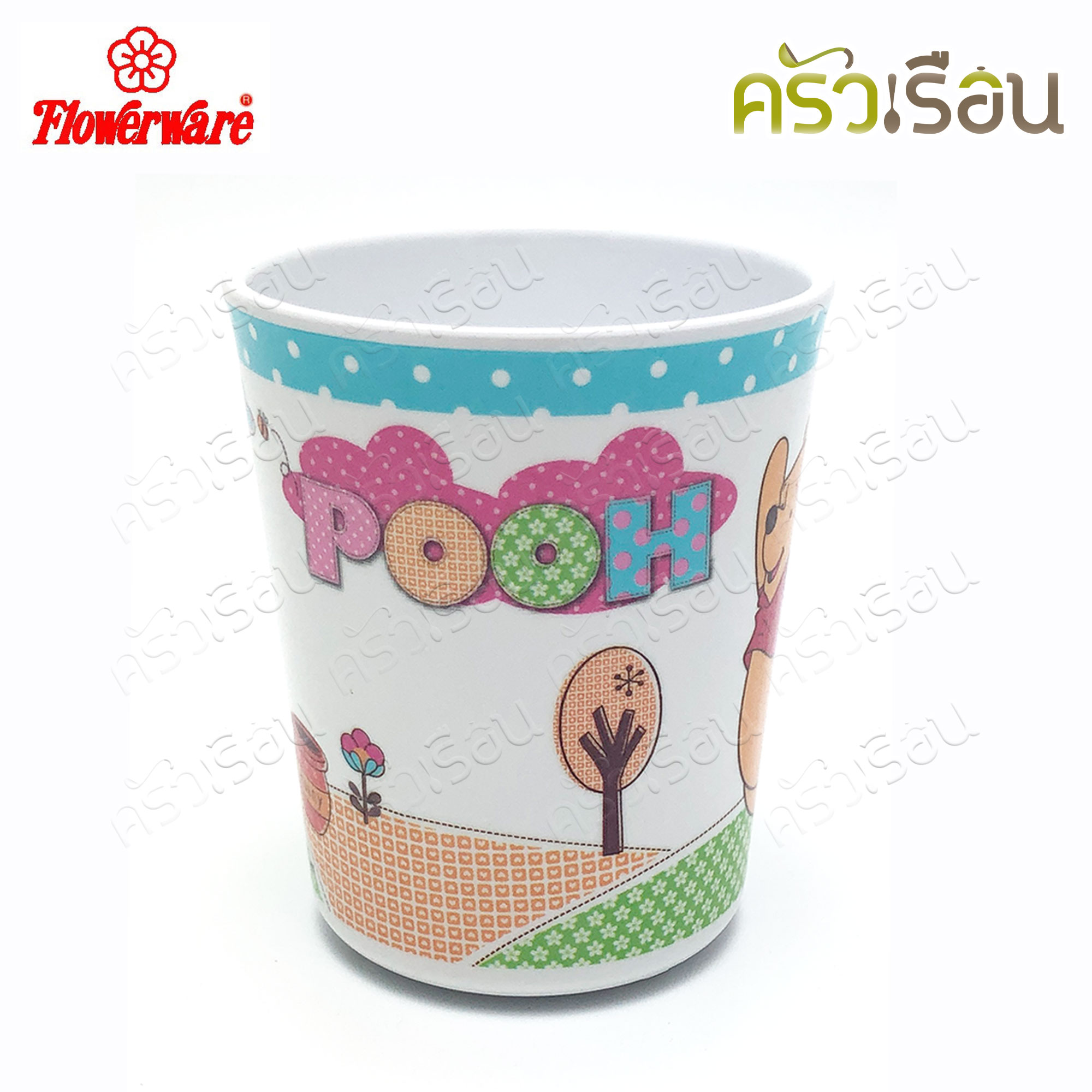 Flowerware ลาย Pooh Blue Spot white หมีพูห์ พูห์ บลู สปอต ไวท์ [ ราคาต่อชิ้น ] ชาม หรือ แก้วน้ำ หรือ ถาดหลุม เมลามีน