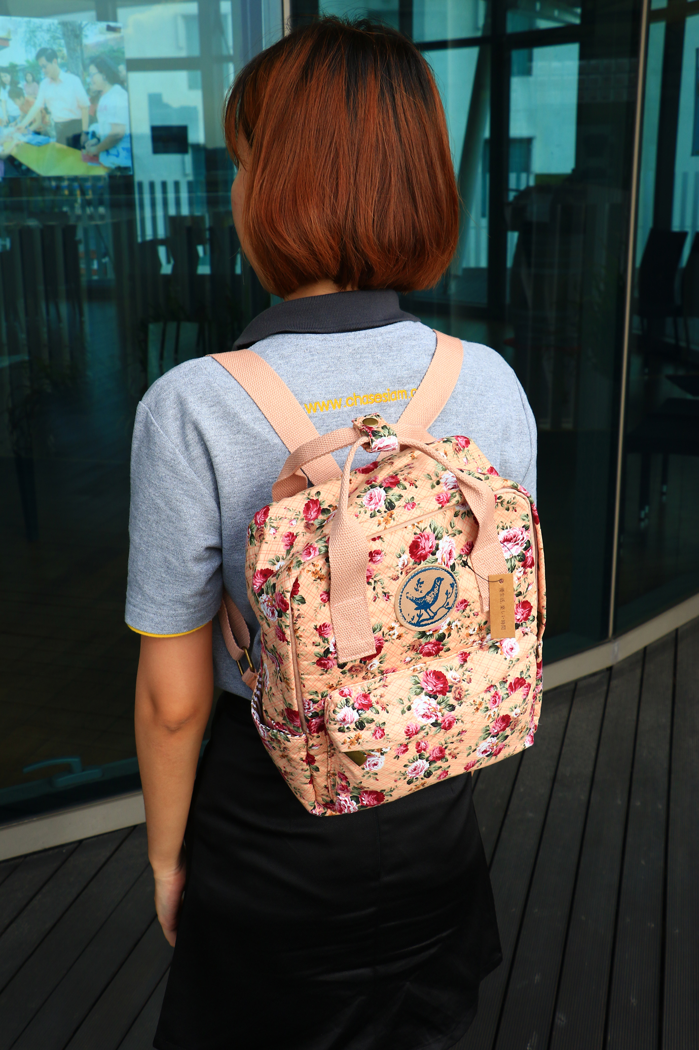 กระเป๋าเป้ผ้าสะพายหลัง mumu ขนาดเล็ก ลายดอกไม้ สีส้ม แดง (Size S)