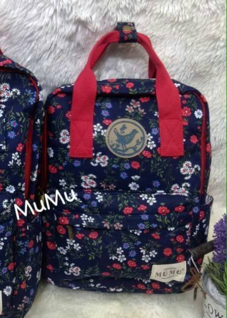 กระเป๋าเป้ผ้าสะพายหลัง mumu ขนาดเล็ก ลายดอกไม้ สีน้ำเงินเข้มแดง(Size S)