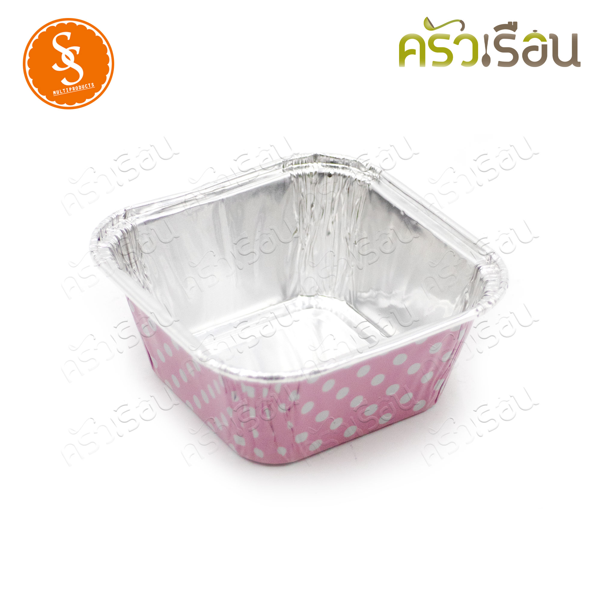 SS 4001 ถาดฟอยล์เหลี่ยม จตุรัส สีชมพูลายจุุดขาว + ฝา 10 ชุด ความจุ 90 ml. ขนาด 76 x 52 x 30 มม. ถาดฟอล์ย