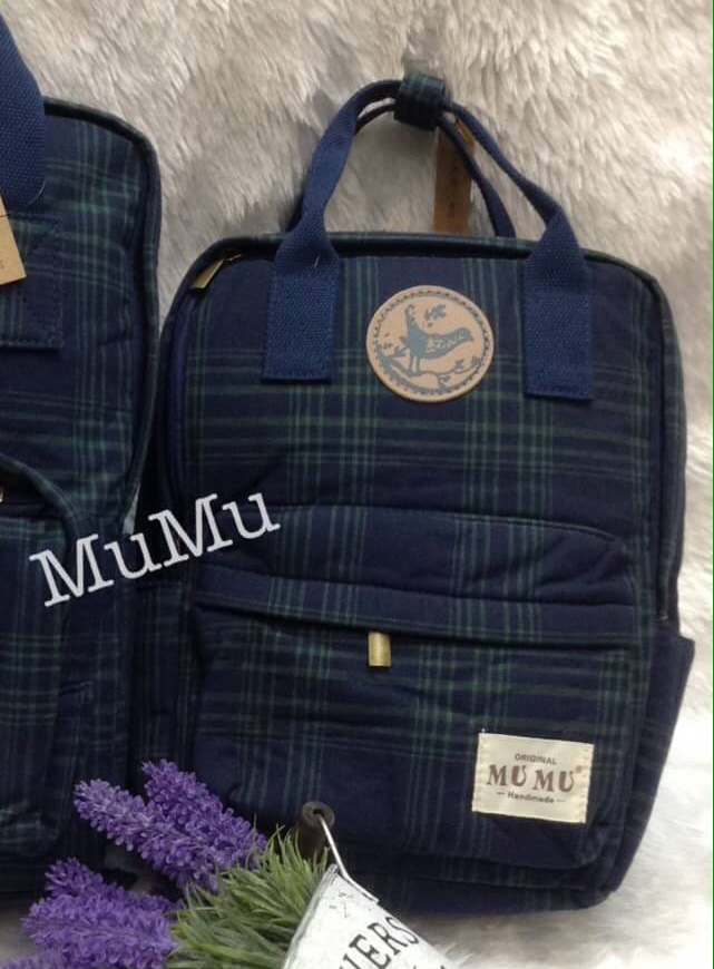 กระเป๋าเป้ผ้าสะพายหลัง mumu ลายสก๊อตน้ำเงินเขียว (Size S)