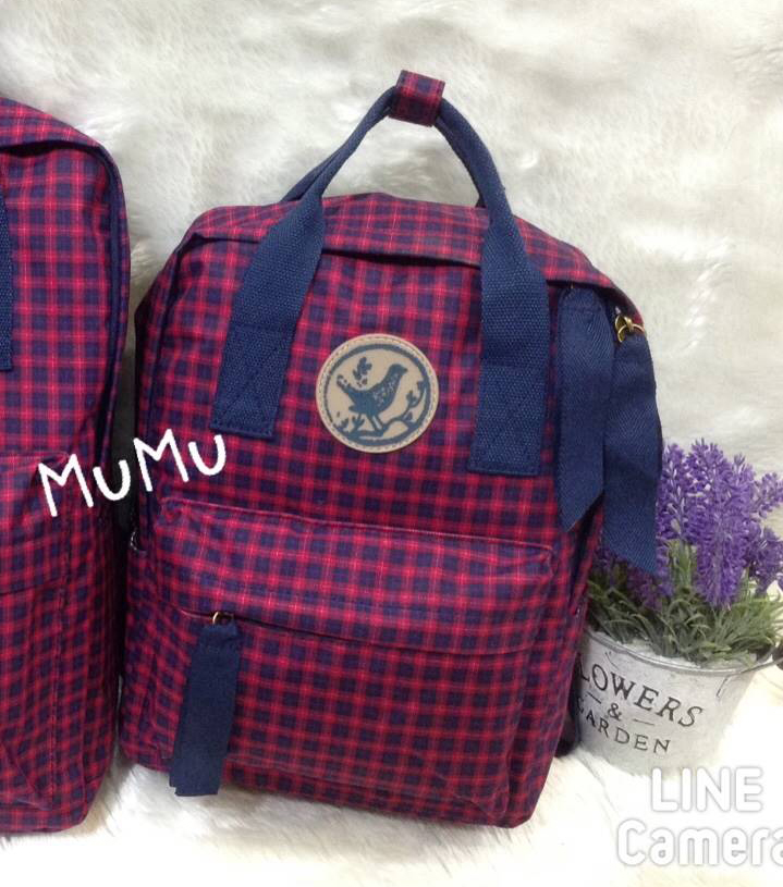 กระเป๋าเป้ผ้าสะพายหลัง mumu ขนาดเล็ก ลายสก๊อตน้ำเงินเข้ม แดง(Size S)