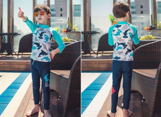 ชุดว่ายน้ำเด็กแขน 5 ส่วน กางเกงขายาว สีฟ้าน้ำเงิน รุ่น ลายปลา
