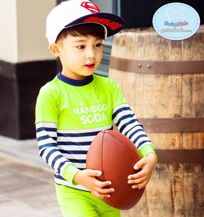 ชุดว่ายน้ำเด็กหญิง เสื้อแขนยาวสีชมพู ลายทางน้ำเงิน-ขาว กางเกงขาสั้น ลาย Manggo Soda