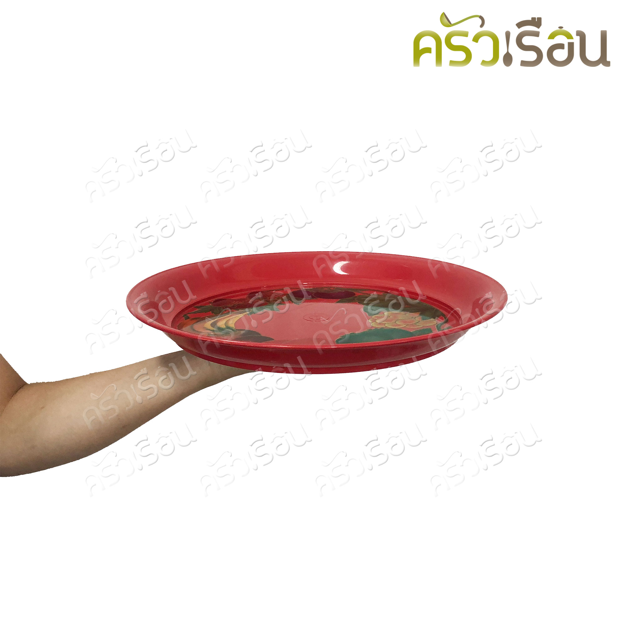 ตรารถไฟ ถาดกลม พลาสติก สีแดง ลายผลไม้ มี 2 ขนาด ให้เลือก ราคาต่อใบ