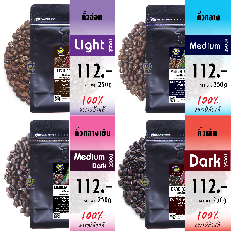 เมล็ดกาแฟคั่ว 4 ระดับ 250g เมล็ดกาแฟอาราบิก้า