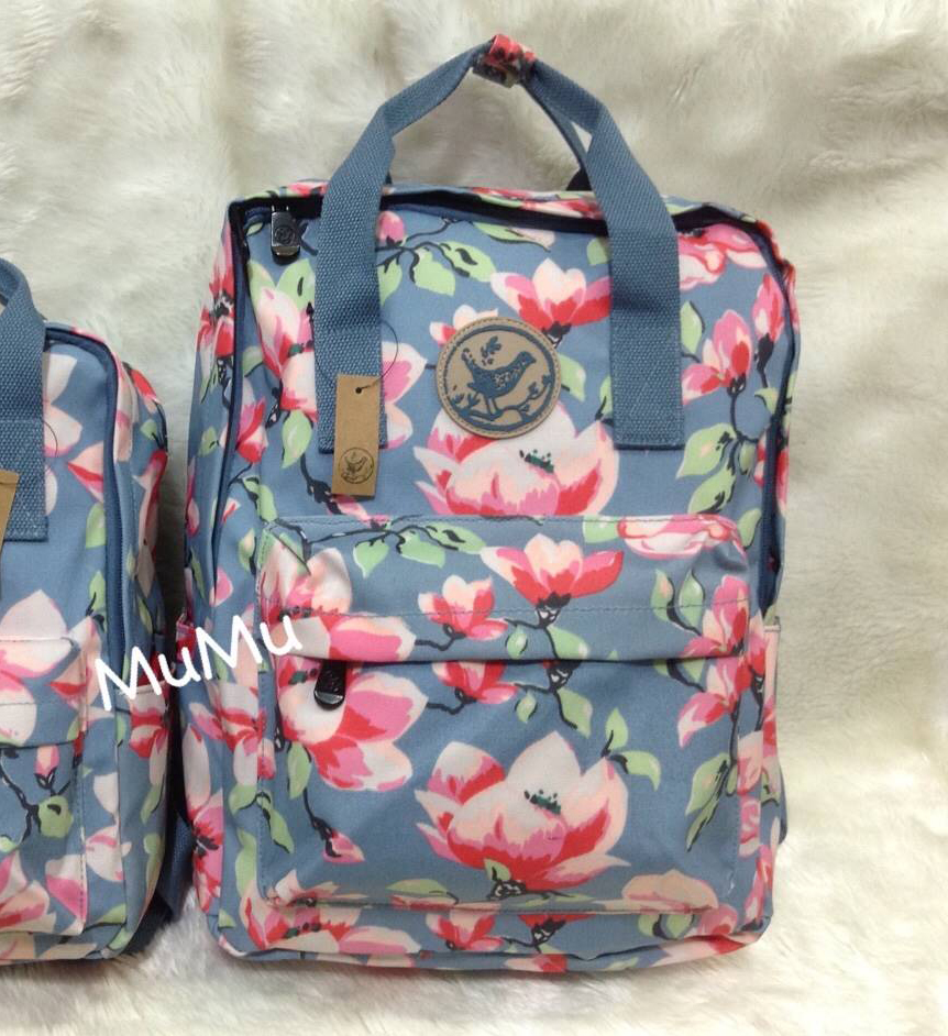 กระเป๋าเป้ผ้าสะพายหลัง mumu ผ้าเคลือบกันน้ำ ลายดอกไม้ฟ้า ชมพู (Size L)