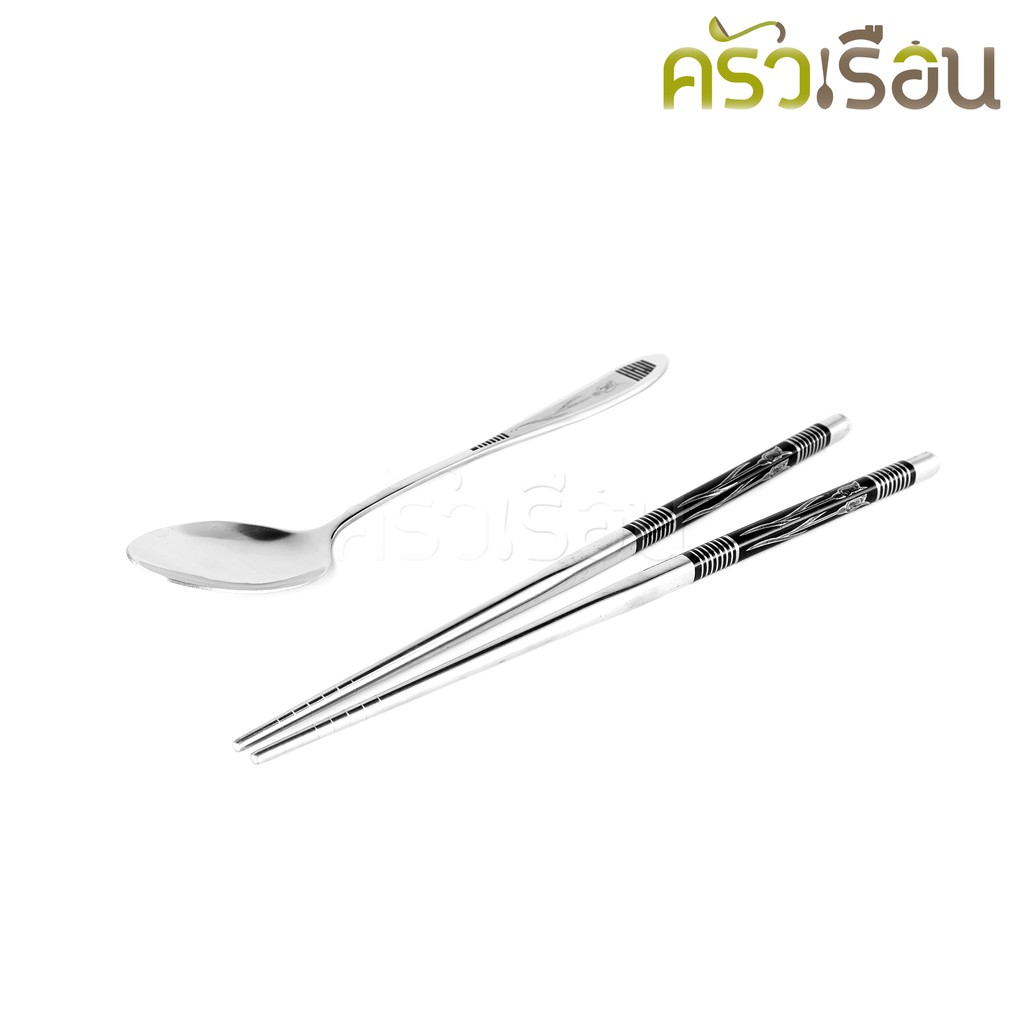 Double Apples - ชุดช้อน + ตะเกียบสเตนเลส คละลาย ตราแอปเปิ้ลคู่