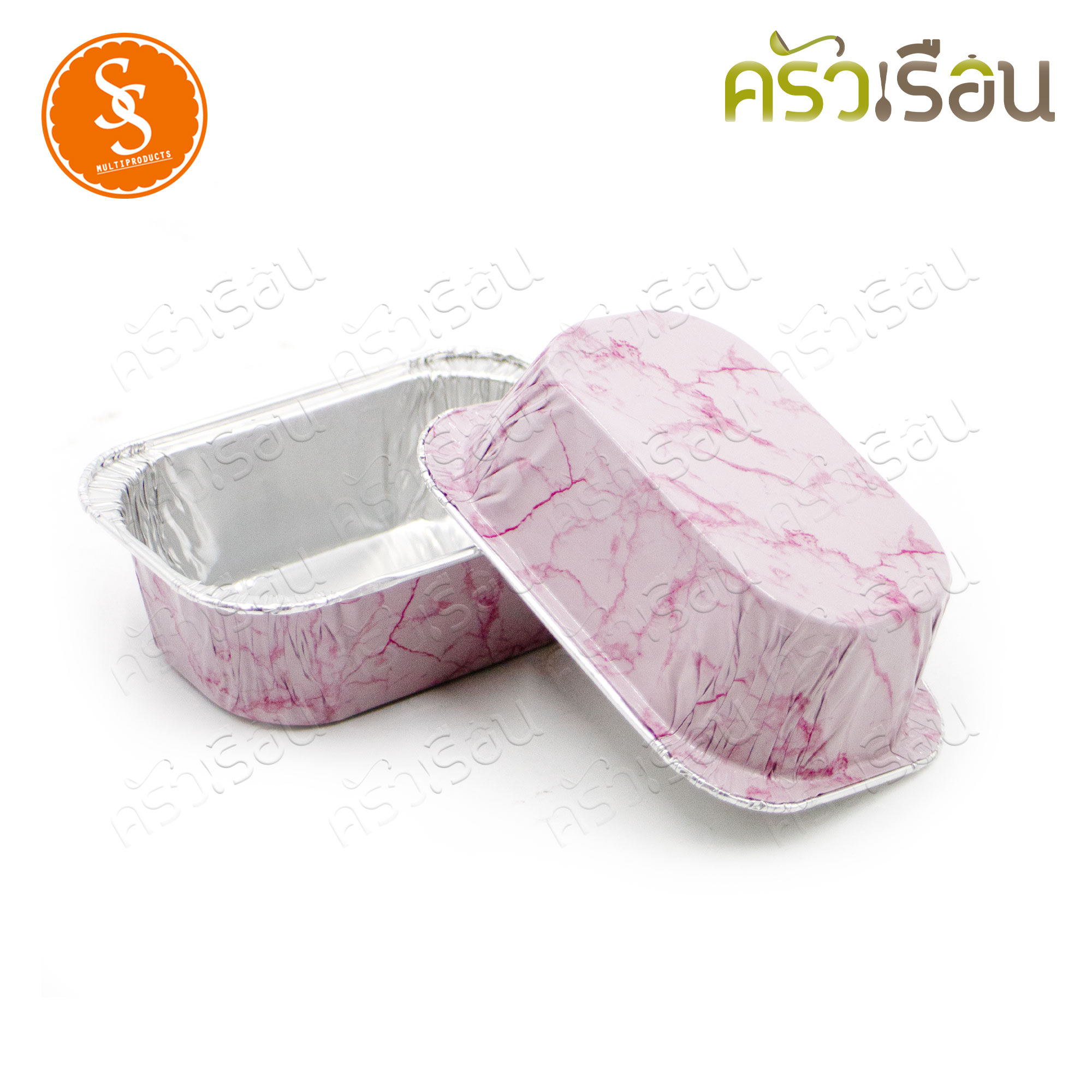 SS 4003 Square foil tray, pink marble pattern + lid 10 sets, capacity 100 ml. Size 65 x 96 x 30 mm.