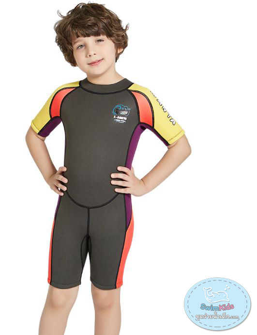 ชุดว่ายน้ำเด็กควบคุมอุณหภูมิ เป็นชุด wetsuit เหมาะกับการใส่ว่ายน้ำหรือดำน้ำ ผลิตจากผ้า Neoprene หนา 2.5 mm. ป้องกันความหนาว / ป้องกันรังสี UV Ultraviolet Protection UV **
