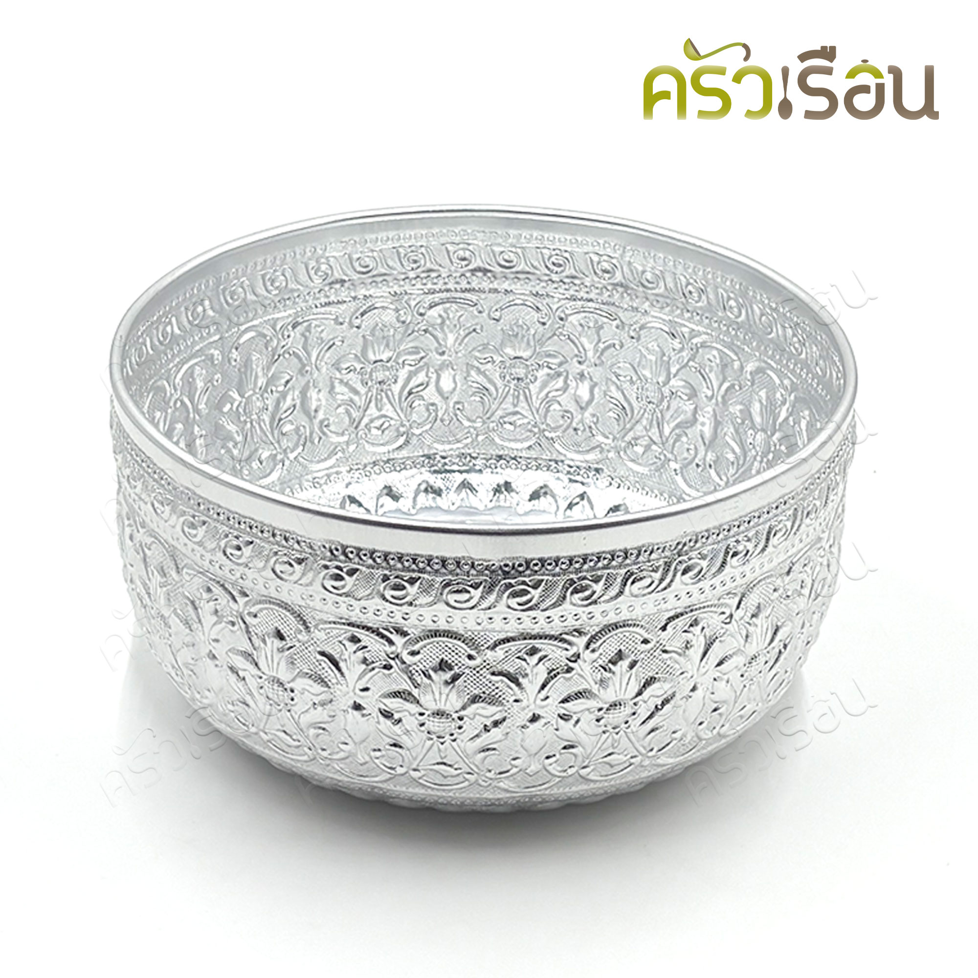 FLOWER BRAND Water bowl, Songkran bowl, aluminum, Thai pattern, silver color, 32 cm, with legs, flower brand