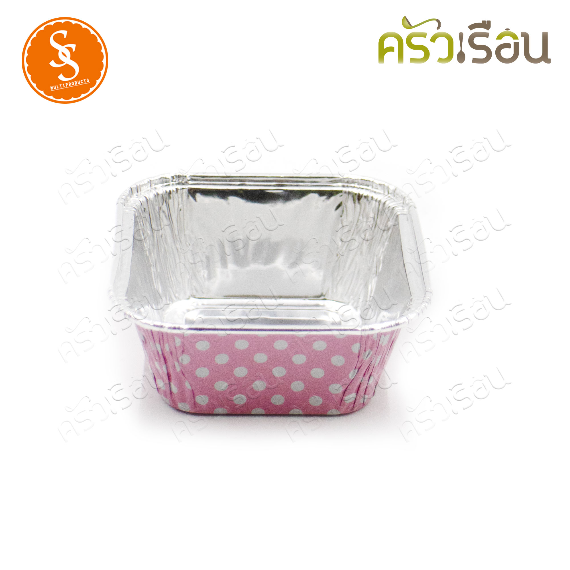 SS 4001 ถาดฟอยล์เหลี่ยม จตุรัส สีชมพูลายจุุดขาว + ฝา 10 ชุด ความจุ 90 ml. ขนาด 76 x 52 x 30 มม. ถาดฟอล์ย