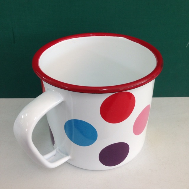 Rabbit Brand แก้วน้ำเคลือบมีหู สีขาวลายจุดสี 11 ซม. ตรากระต่าย