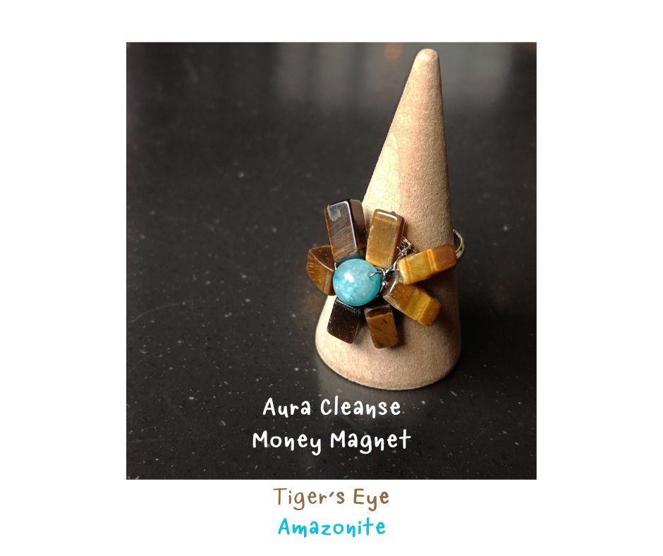 "Money Magnet" Ring แหวนหินแท้ Amazonite x Tiger's Eye Wire Wrapped Ring (เสริมพลังงานAura อำนาจ บันดาลทรัพย์)