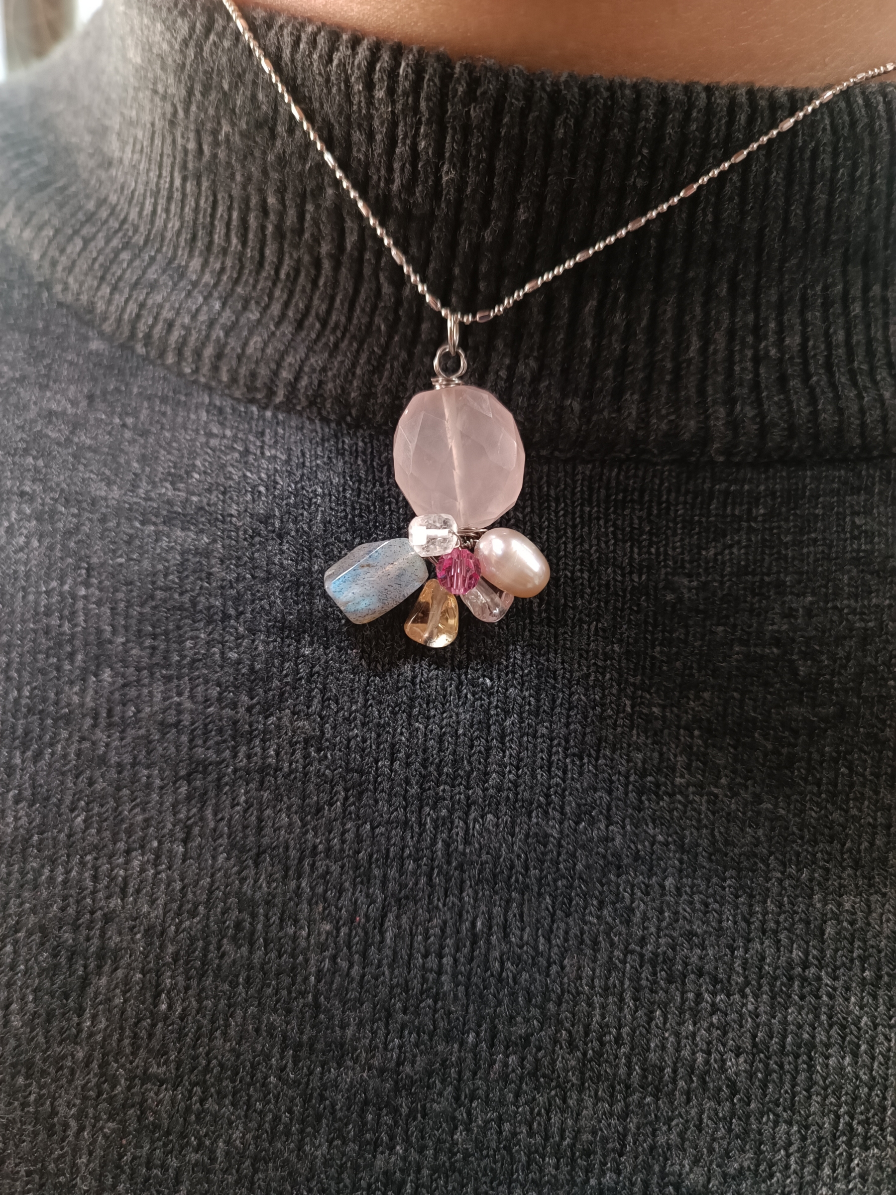 จี้พร้อมสร้อย หินแท้ Rose Quartz + Labradorite Pendant Necklace (For Love and Relationship)