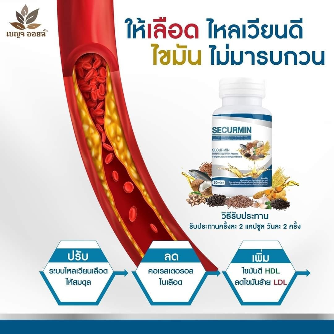 BENJAOIL SECURMIN เบญจออยล์ซีเคอร์มินสรรพคุณลดโคเลสเตอรอล ลดความดัน ลดไขมันในเส้นเลือด