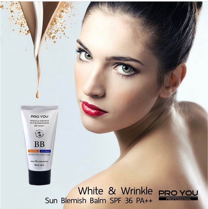 Proyou White & Wrinkle Sun Blemish Balm SPF 36 PA++ บีบีครีมเนื้อเนียนละเอียด มีสารบำรุงผิวหน้าที่ช่วยให้ขาวกระจ่างใสขึ้น ช่วยป้องกันและลดเลือนริ้วรอย พร้อมปกปิดผิวได้เรียบเนียนอย่างเป็นธรรมชาติ