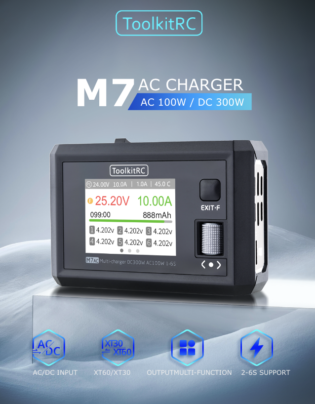 ToolKitRC M7AC M7 AC 200W 15A 2-6S DC Smart Charger with XT60 & XT30 Plug เครื่องชาร์จแบตเตอรี่ LiPo LiHV LiFe Lion