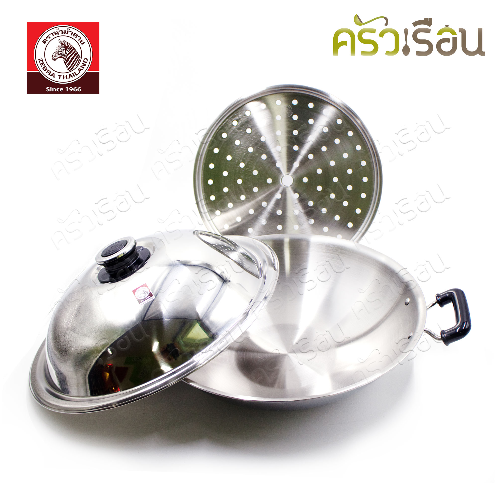 [ ตัวโชว์ ] ZEBRA กะทะจีน สเตนเลส 5 ชั้น 38 ซม. ฝา+ชั้นนึ่ง หนา 2.3 มม. 176201 ตราหัวม้าลาย