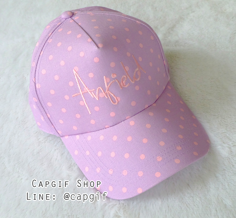 หมวกแก๊ปสีม่วงลายจุดปักชื่อ