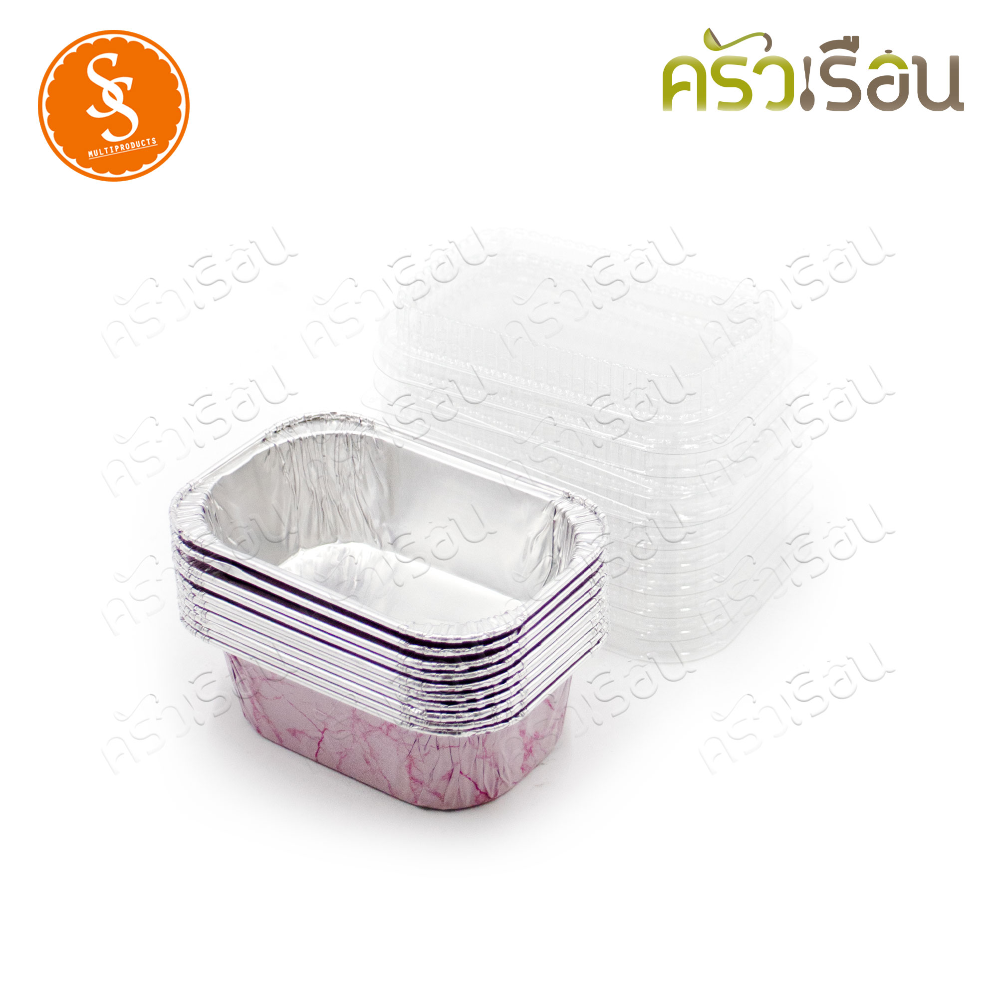 SS 4003 Square foil tray, pink marble pattern + lid 10 sets, capacity 100 ml. Size 65 x 96 x 30 mm.