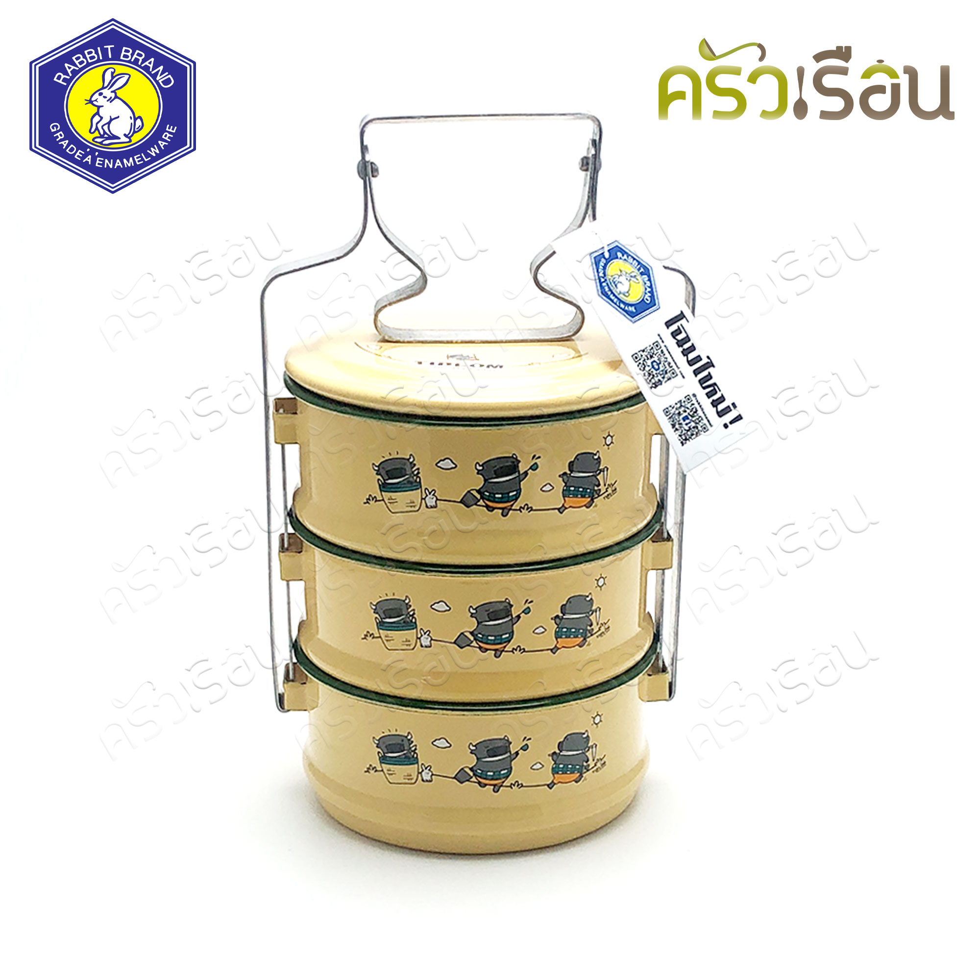 Rabbit Brand ปิ่นโตเคลือบ 14 ซม. 3 ชั้น ลายการ์ตูน ติดลมห้อยเวหา Tidlom The Sky Hanger ปิ่นโตโบราณ ปิ่นโต enamel ตรากระต่าย