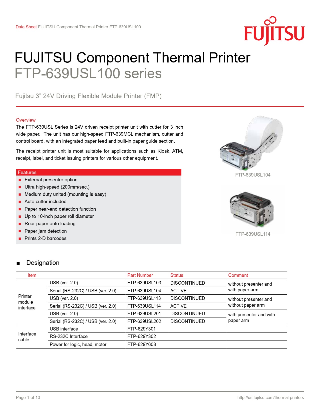 FUJITSU FTP-639USL104-R Thermal Printer, 24V ,80MM, Kiosk Printer, Ticket Printer, Slip Printer