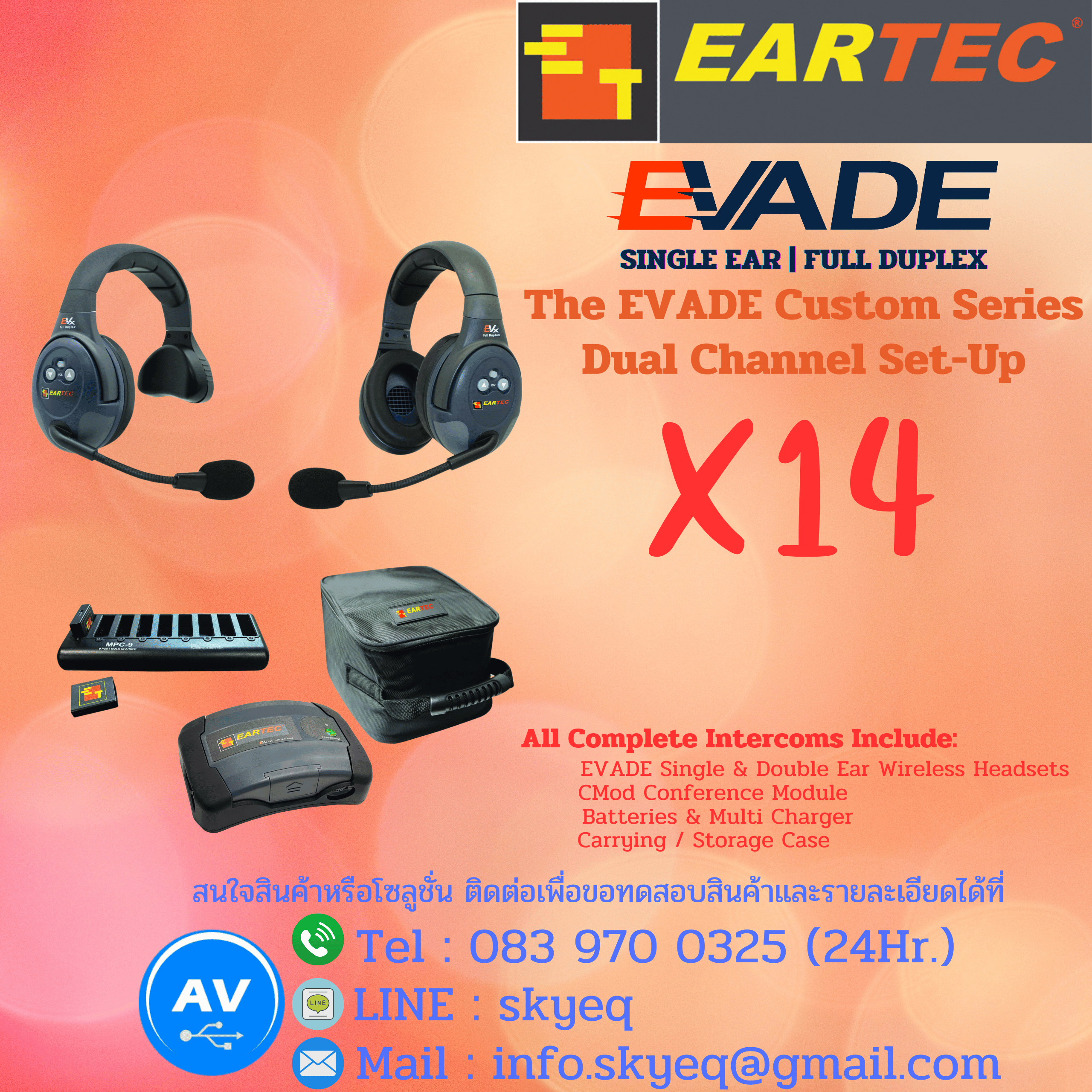 EVADE Double Channel Light Industrial Full Duplex Wireless System Single & Dual Speaker Headsets – EVx1477-CM 7 Single, 7 Double EVADE, One C-Mod, Batteries, Charger, Case