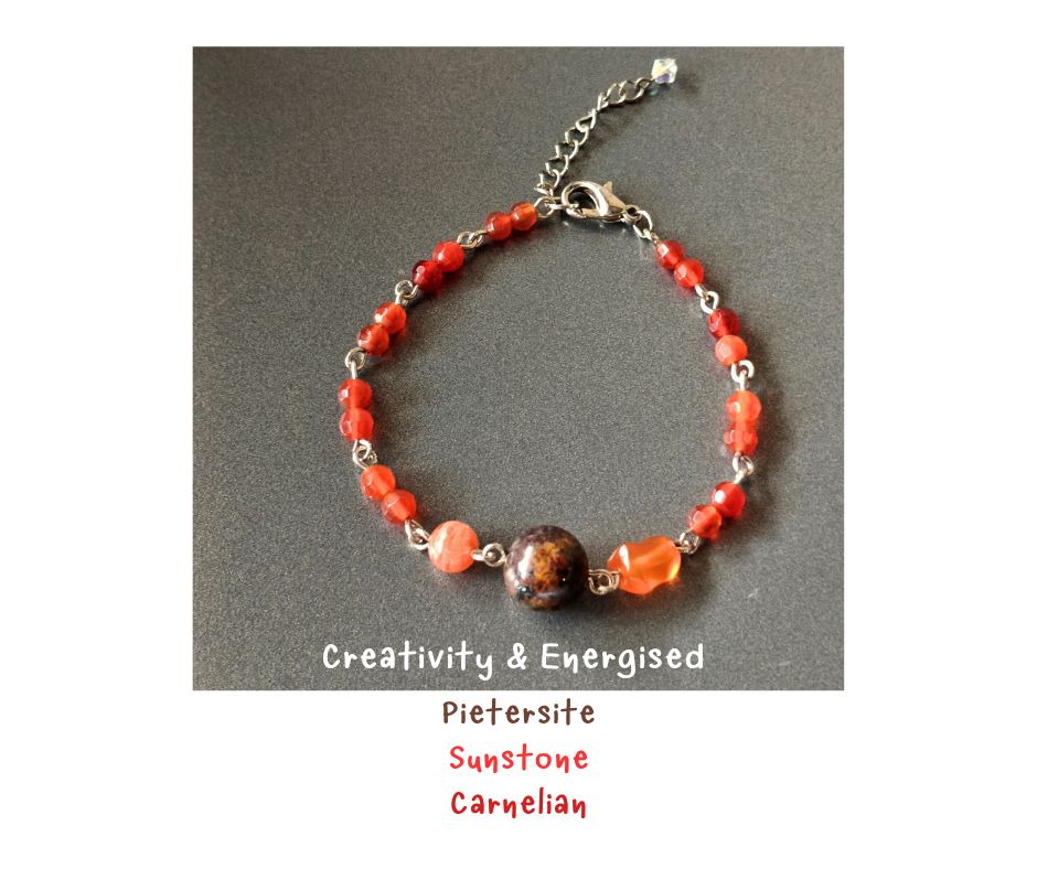 สร้อยข้อมือหินแท้ Creativity , Uplifting , Abundance Bracelet (Pietersite + Carnelian + Sunstone)