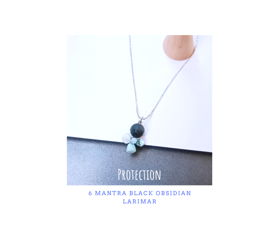 "Little Vivian" สร้อยพร้อมจี้หินแท้ Black Obsidian +Larimar Necklace ( ปกป้อง คุ้มครอง )