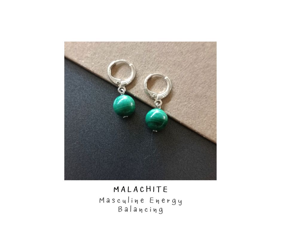ต่างหูห่วงเงินแท้ "Silver Hoop" ประดับหินแท้ Malachite Silver Earrings (Luck & Wealth)