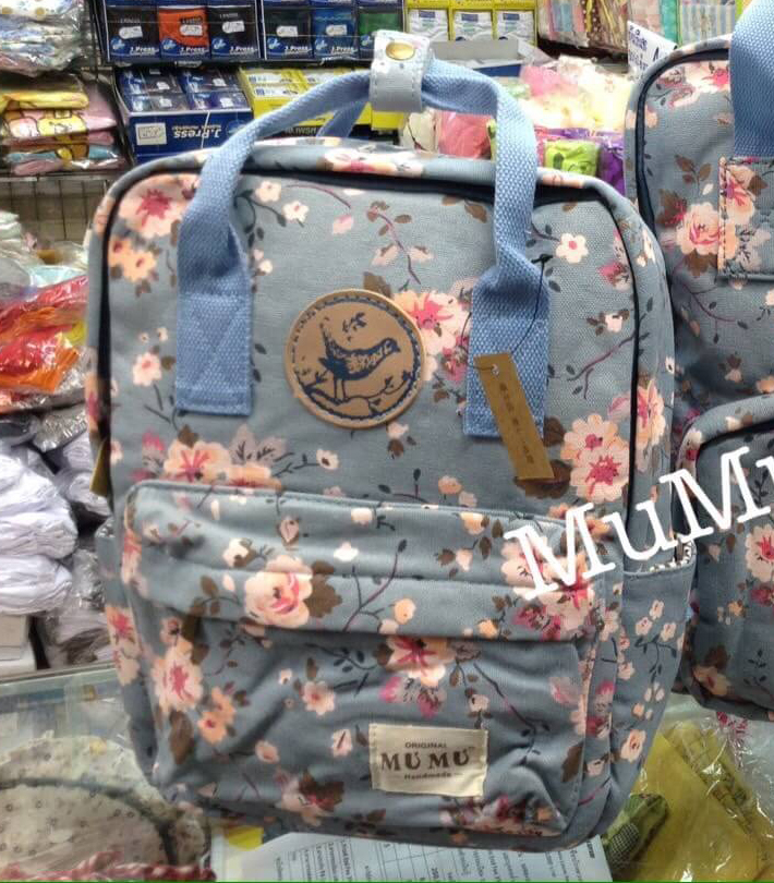 กระเป๋าเป้ผ้าสะพายหลัง mumu ลายซากุระ ฟ้า (Size S)