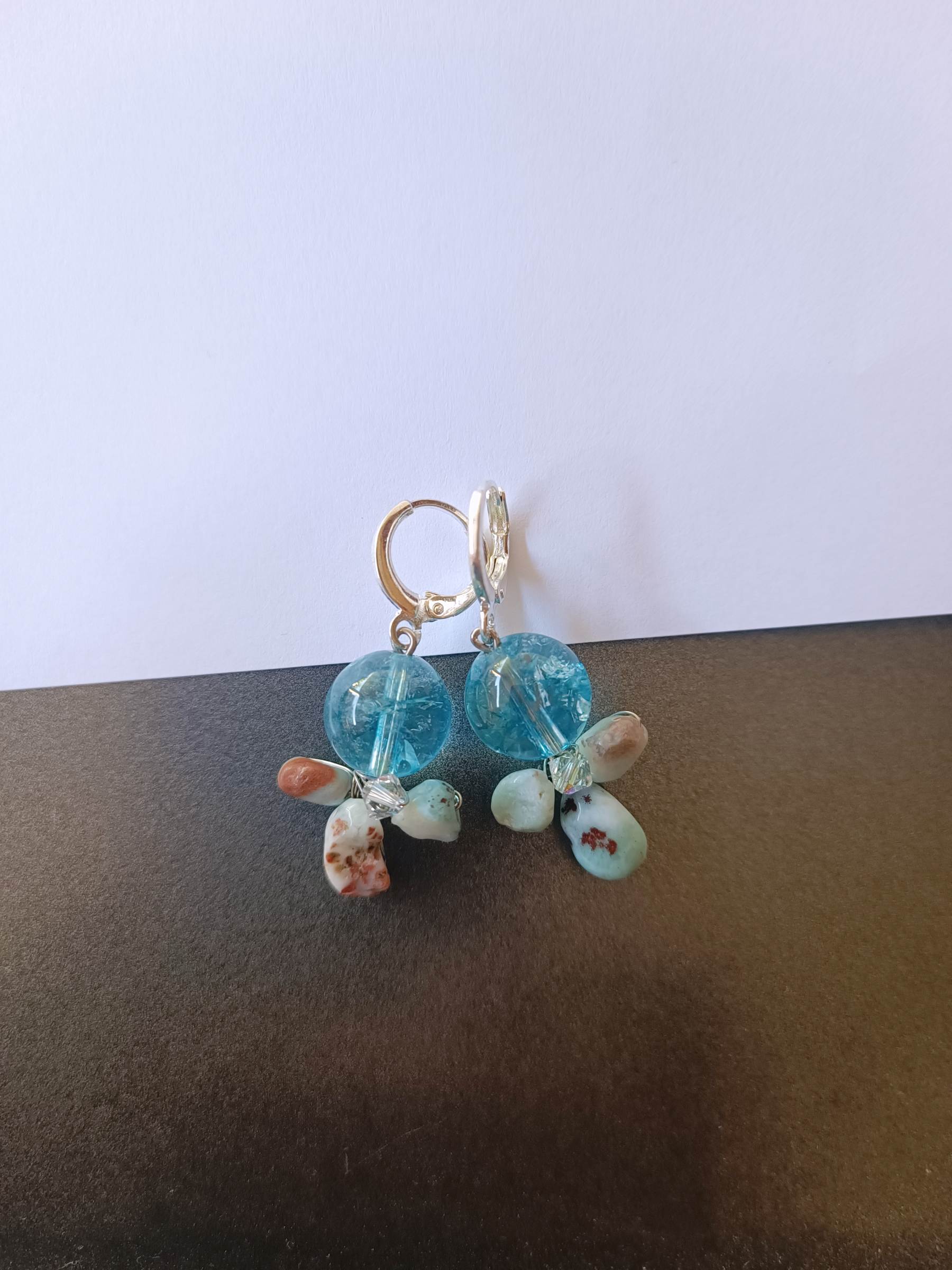 ต่างหูหินแท้ "Little Vivian" Blue Topaz + Larimar Hoop Earring (ความรัก และความโชคดี)