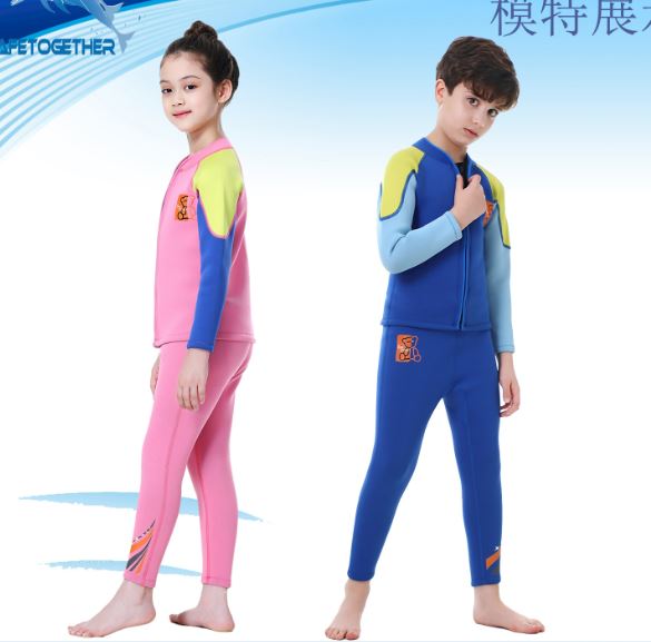 ชุดว่ายน้ำเด็กป้องกันความหนาว ชุดว่ายน้ำเด็กควบคุมอุณหภูมิ ชุดว่ายน้ำเด็กป้องกันรังสี UV ชุดว่ายน้ำเด็กแยกชิ้นเสื้อแขนยาว กางเกงขายาว