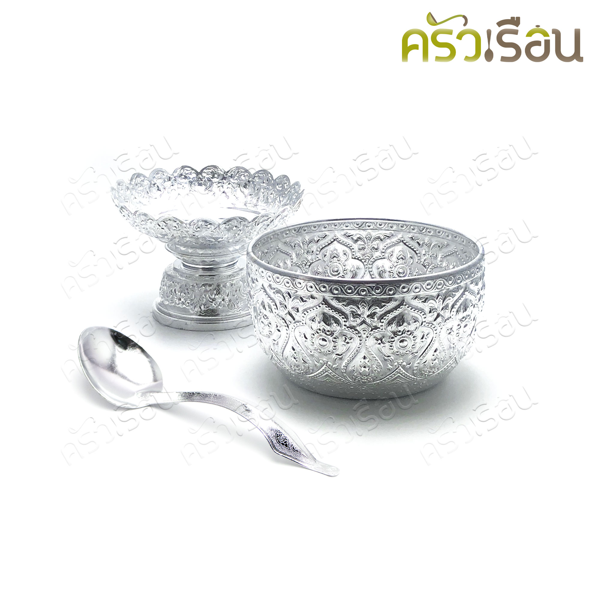 Aluminium Thai style water bowl with standing tray and Thai style Ladle, silver, top dimension 20 cm. ได้ทัพพีด้วย