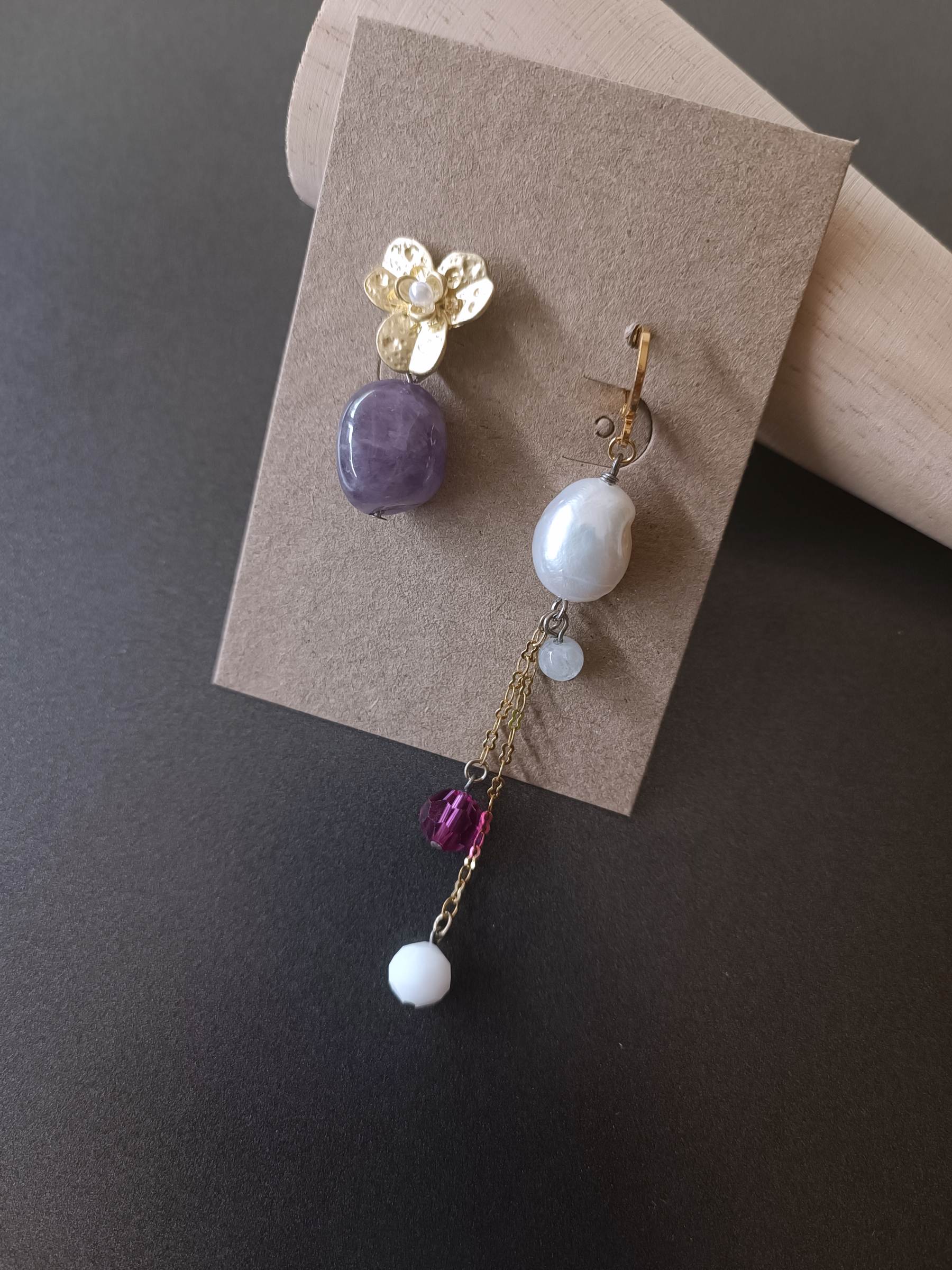 ต่างหู "The Flower" Amethyst + Pearl Designed Earring (ดึงดูดเงิน และโชคลาภ)