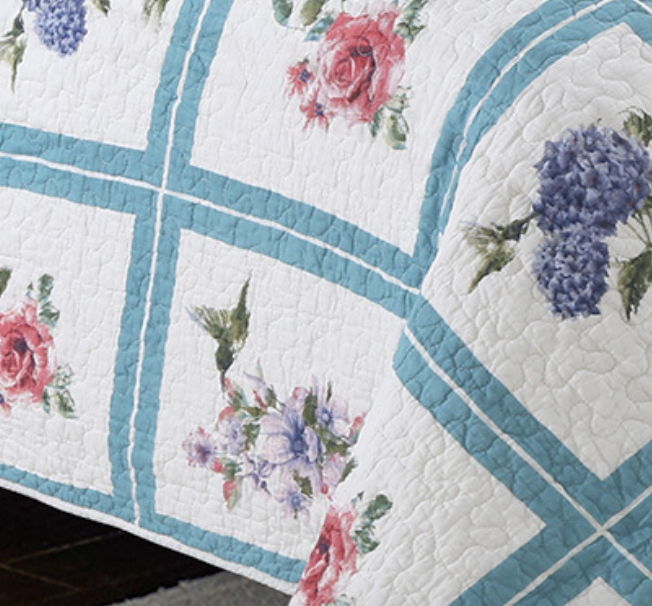 ชุดเครื่องนอนวินเทจ 3 ชิ้น งานควิลท์ สีขาวไฮเดรนเยีย ฮัมมิ่งเบิร์ด