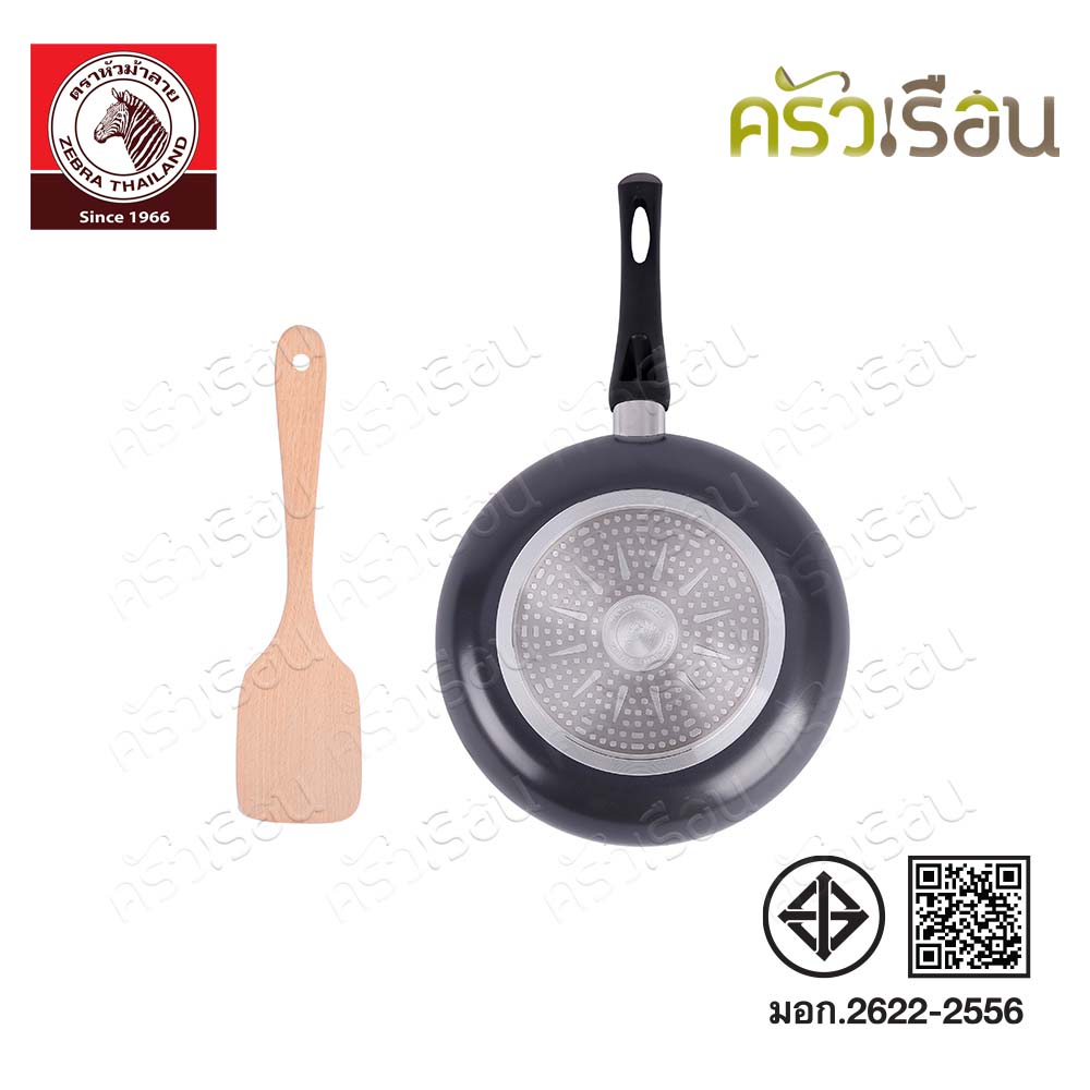 Zebra กระทะด้าม นอนสติ๊ก Wisdom 24 ซม. ลึก IH ฝาแก้ว แถมฟรีตะหลิวไม้ ตราหัวม้าลาย 174640