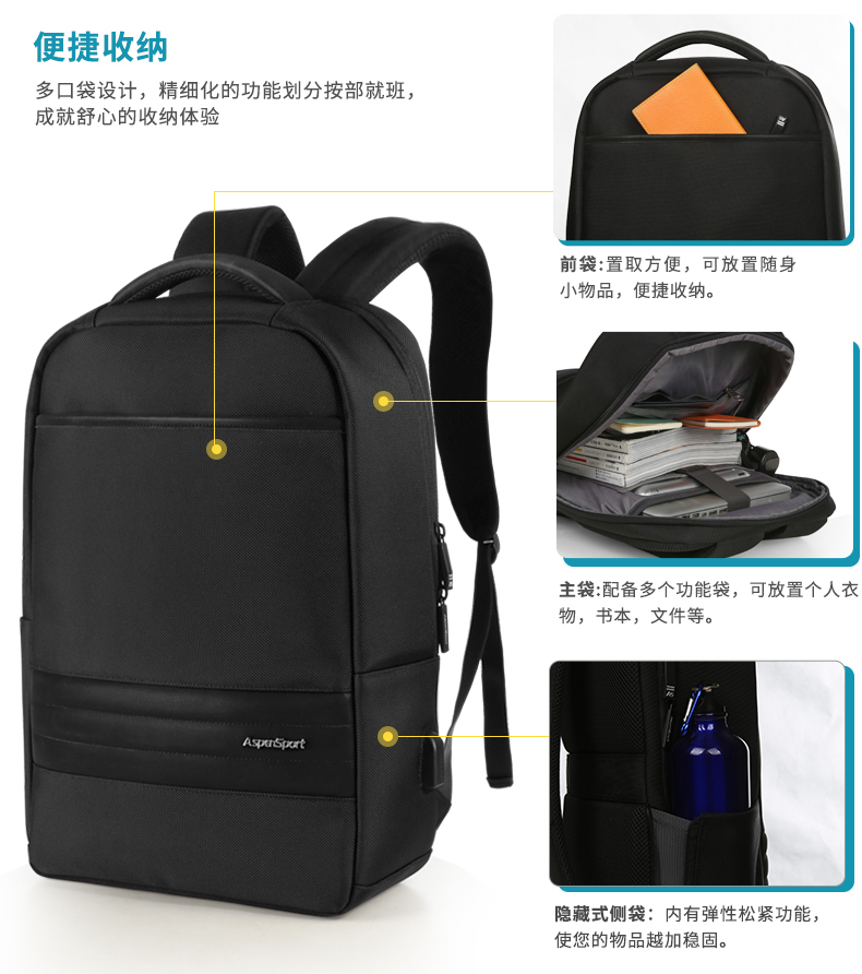 AspenSport Backpack Laptop กระเป๋าสะพายหลัง กระเป๋าโน๊ตบุ๊ค 14-16 นิ้ว กระเป๋าเดินทาง รุ่น AS-B71 ขนาด สีดำ
