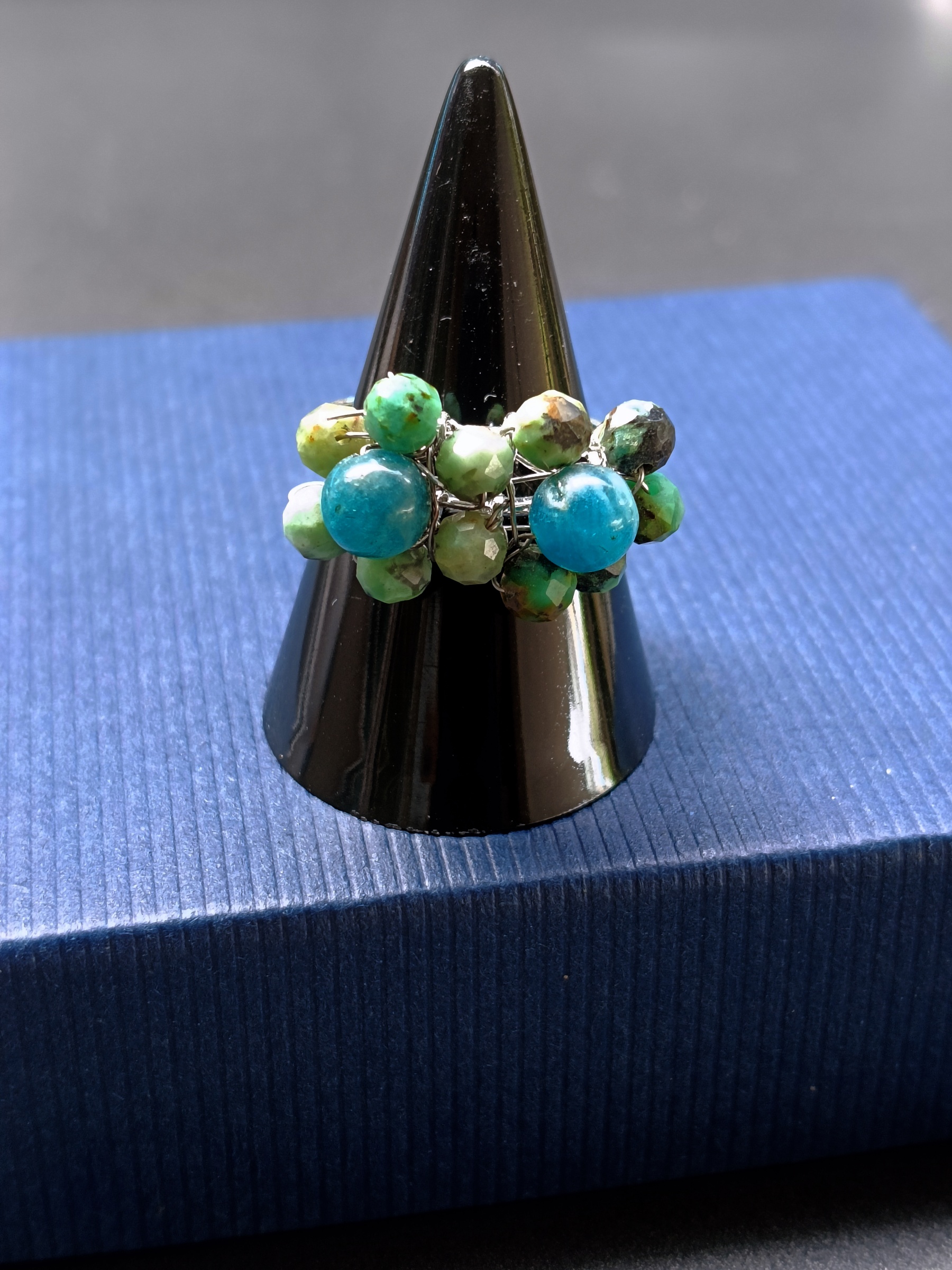 "Manifest Success" Wire Wrapped Ring แหวนหินแท้ Blue Apatite + Turquoise Ring (อธิษฐานความสำเร็จ)