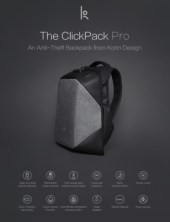 กระเป๋าสะพายหลัง ClickPack Pro กระเป๋ากันขโมยกันกรีด สีดำเทา