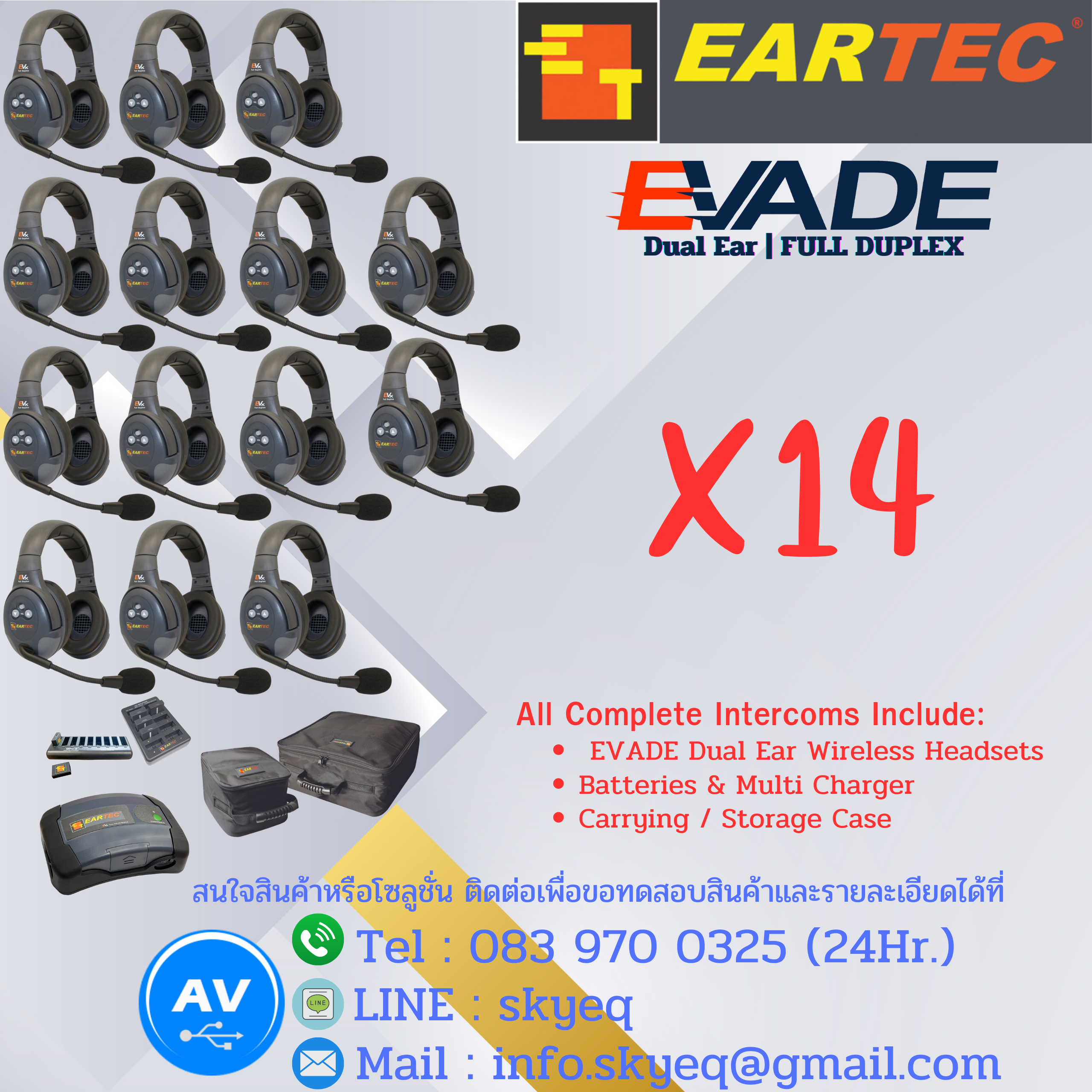 EVADE Double Channel Light Industrial Full Duplex Wireless System Dual Speaker Headsets – EVx14D-CM Four Double EVADE, One C-Mod, Batteries, Charger, Case