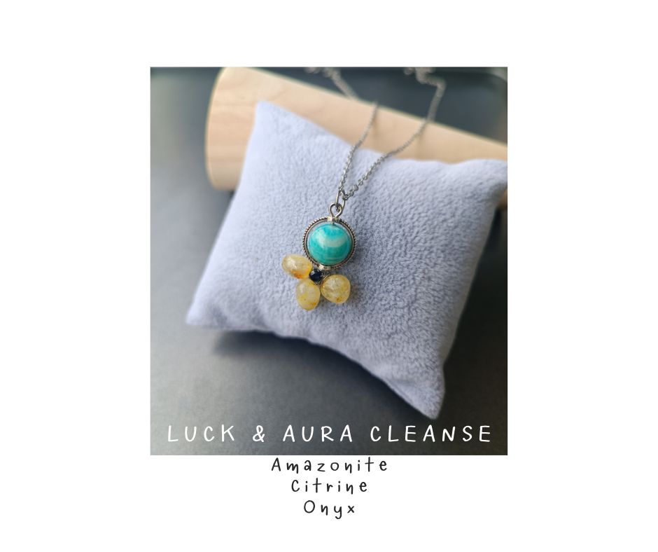สร้อยจี้ Amazonite + Citrine Necklace (ปัดเป่าพลังงานลบ ดึงดูดโชคลาภ)