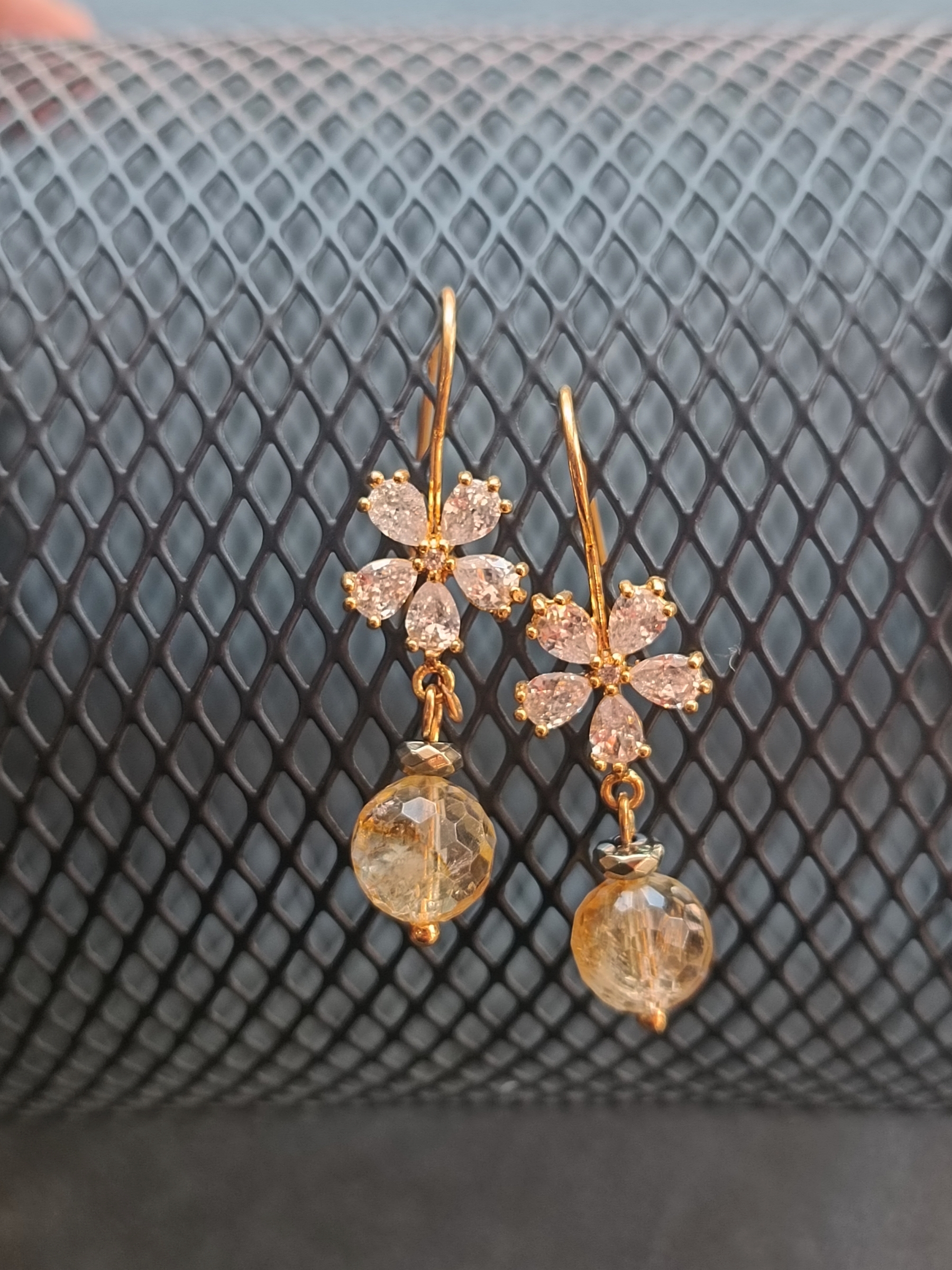 ต่างหูหินแท้ "14K" Citrine + Pyrite Earring (ดึงดูดเงิน โชคลาภ)